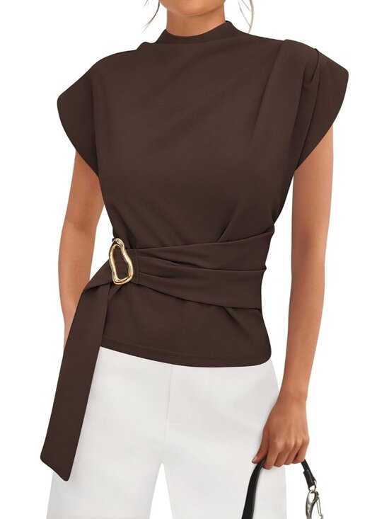 Tops - Women's Brown Sleeve Mock Neck Casual Buckle Belted Tunic Top Blouse T-Shirt